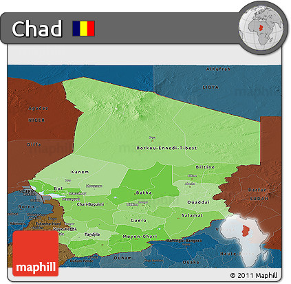Political Shades Panoramic Map of Chad, darken