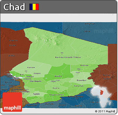 Political Shades Panoramic Map of Chad, darken