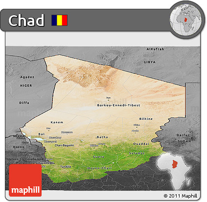 Satellite Panoramic Map of Chad, darken, desaturated