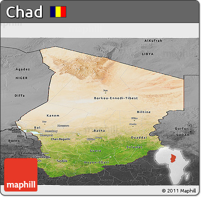 Satellite Panoramic Map of Chad, darken, desaturated