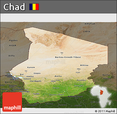 Satellite Panoramic Map of Chad, darken