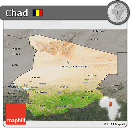 Satellite Panoramic Map of Chad, darken, semi-desaturated