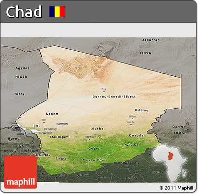 Satellite Panoramic Map of Chad, darken, semi-desaturated