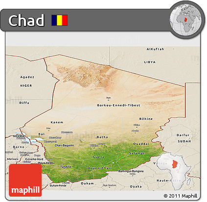 Satellite Panoramic Map of Chad, shaded relief outside
