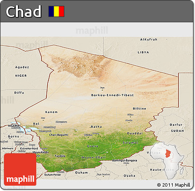 Satellite Panoramic Map of Chad, shaded relief outside