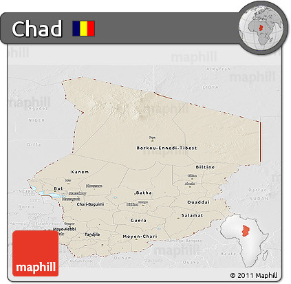 Shaded Relief Panoramic Map of Chad, lighten, desaturated