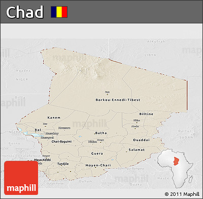 Shaded Relief Panoramic Map of Chad, lighten, desaturated