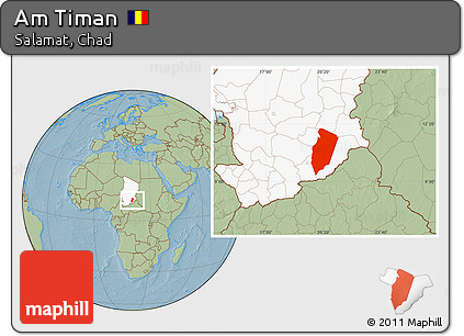 Savanna Style Location Map of Am Timan, highlighted country, hill shading
