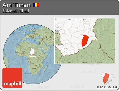 Savanna Style Location Map of Am Timan, highlighted country, hill shading