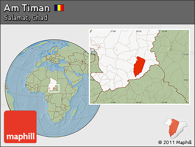 Savanna Style Location Map of Am Timan, highlighted country, hill shading