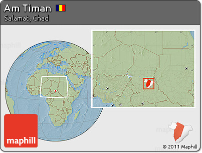 Savanna Style Location Map of Am Timan, highlighted parent region, within the entire country, hill shading