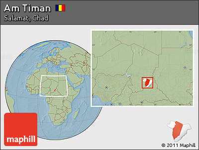 Savanna Style Location Map of Am Timan, highlighted parent region, within the entire country, hill shading