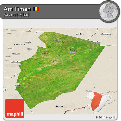 Satellite Panoramic Map of Am Timan, shaded relief outside