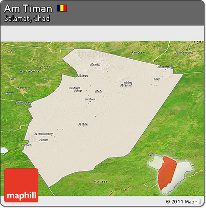 Shaded Relief Panoramic Map of Am Timan, satellite outside