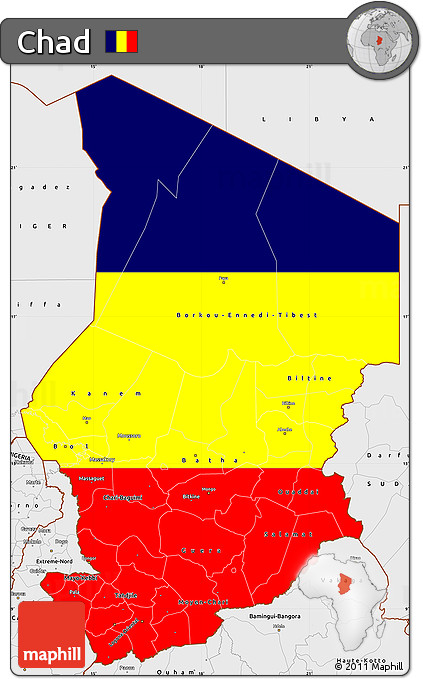 Flag Simple Map of Chad, single color outside, borders and labels, flag aligned to the middle
