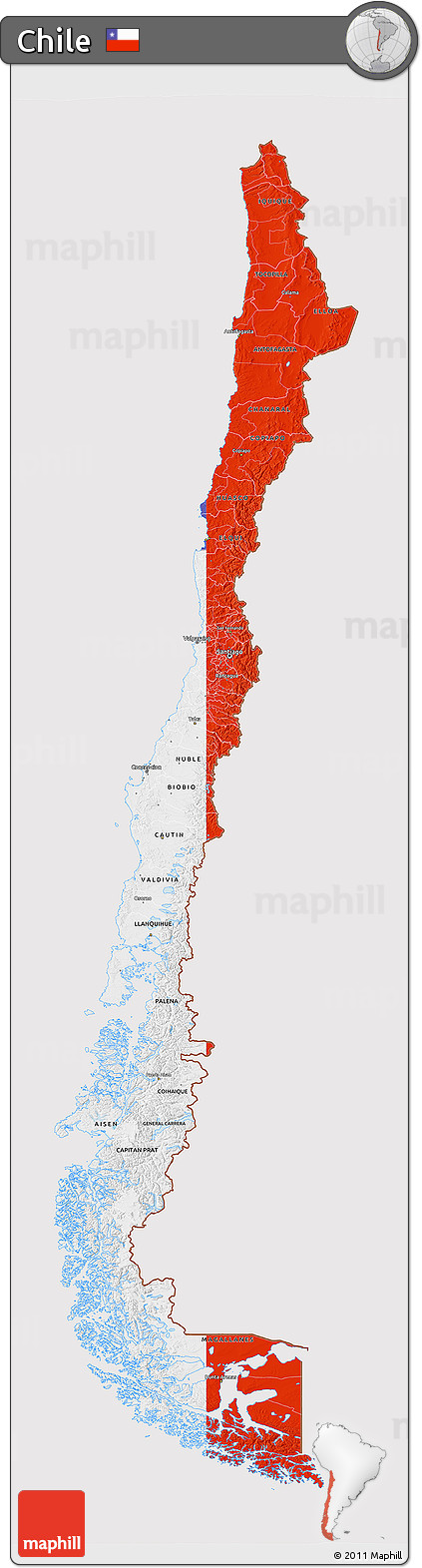 Flag 3D Map of Chile, flag rotated