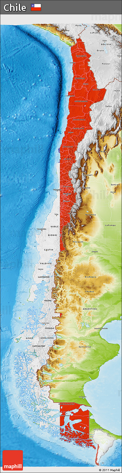 Flag 3D Map of Chile, physical outside, flag aligned to the middle
