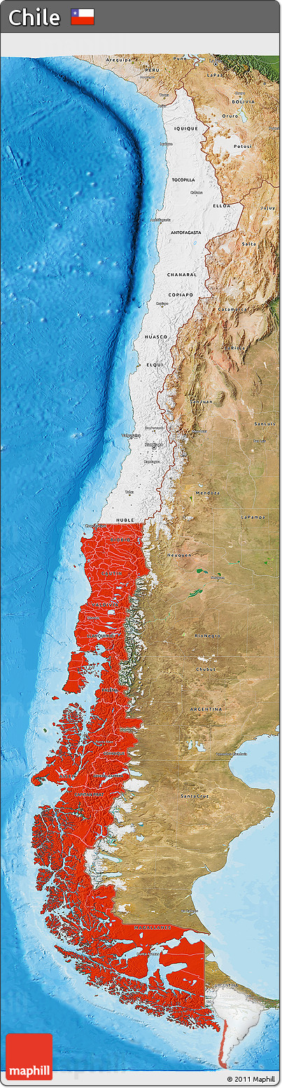 Flag 3D Map of Chile, satellite outside, bathymetry sea, flag centered
