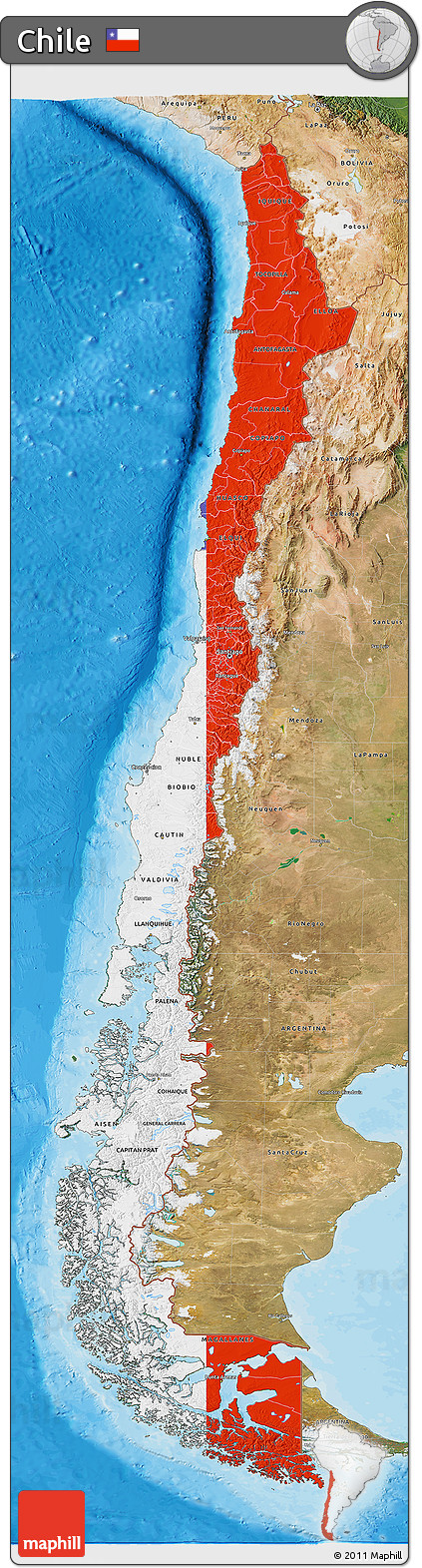 Flag 3D Map of Chile, satellite outside, bathymetry sea, flag rotated