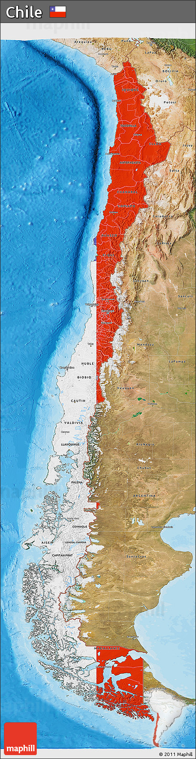 Flag 3D Map of Chile, satellite outside, bathymetry sea, flag rotated
