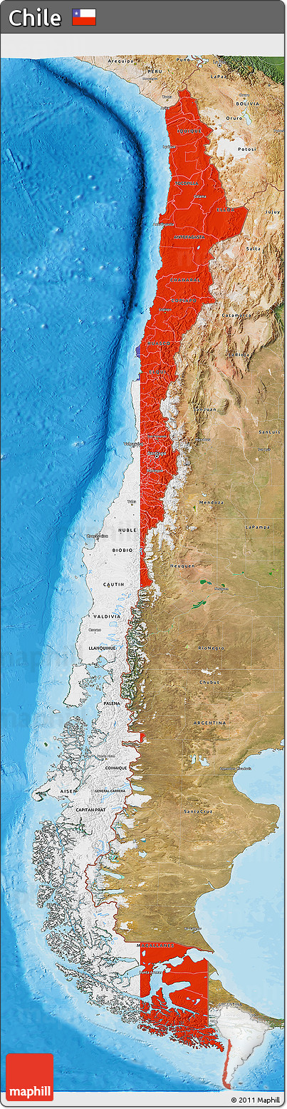 Flag 3D Map of Chile, satellite outside, bathymetry sea, flag rotated