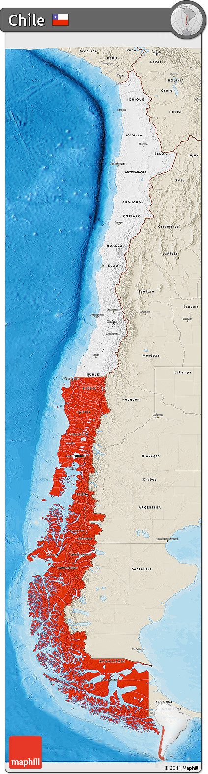 Flag 3D Map of Chile, shaded relief outside, bathymetry sea, flag centered