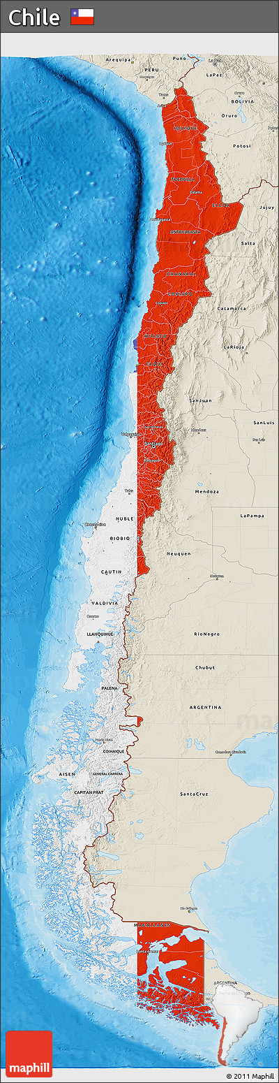 Flag 3D Map of Chile, shaded relief outside, bathymetry sea, flag rotated
