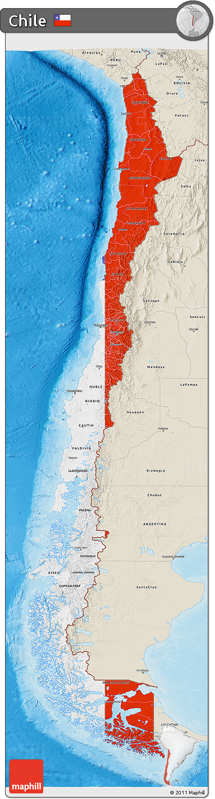 Flag 3D Map of Chile, shaded relief outside, flag aligned to the middle