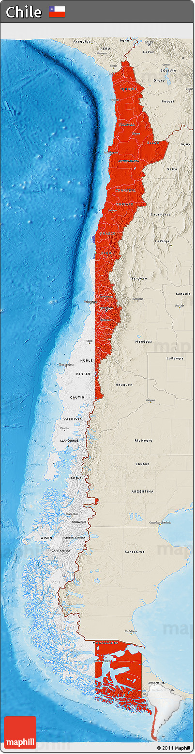 Flag 3D Map of Chile, shaded relief outside, flag aligned to the middle