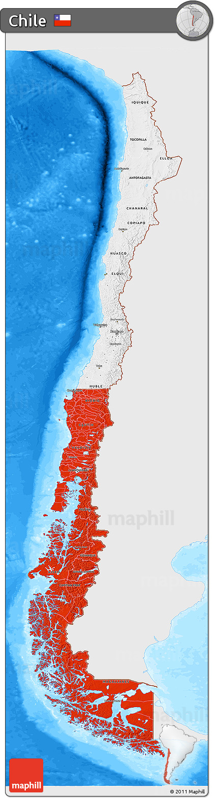 Flag 3D Map of Chile, single color outside, bathymetry sea, flag centered