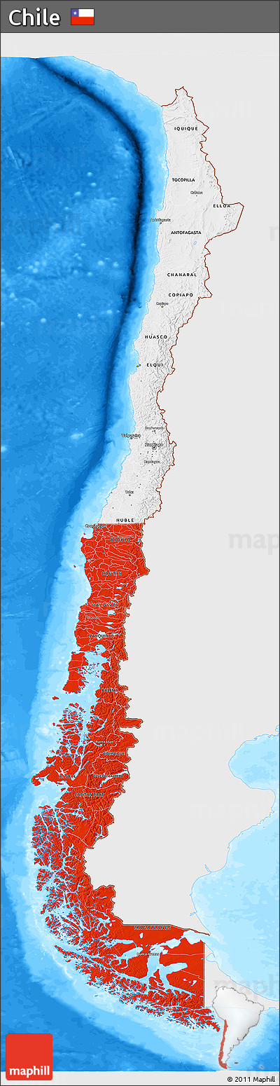 Flag 3D Map of Chile, single color outside, bathymetry sea, flag centered