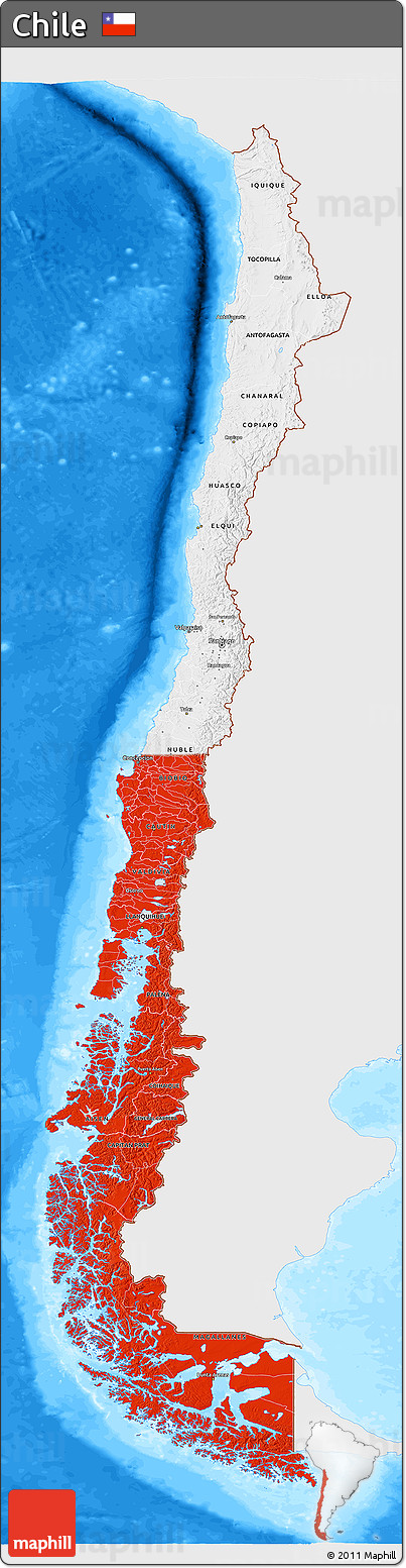 Flag 3D Map of Chile, single color outside, bathymetry sea, flag centered