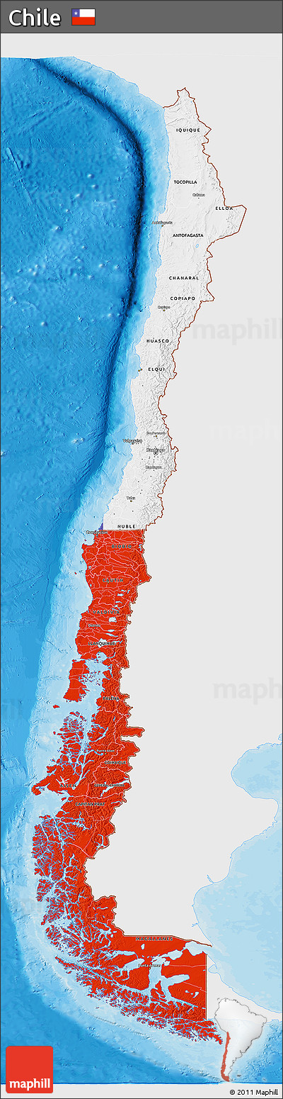 Flag 3D Map of Chile, single color outside, bathymetry sea, shaded relief sea
