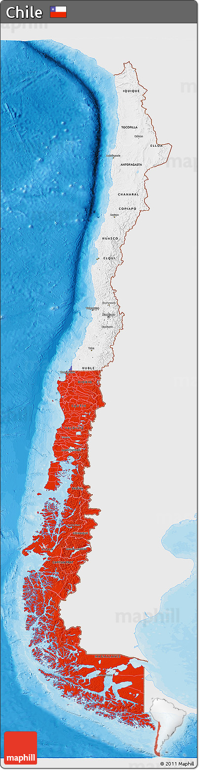 Flag 3D Map of Chile, single color outside, bathymetry sea, shaded relief sea