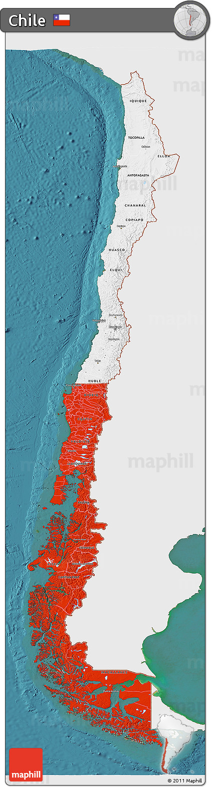 Flag 3D Map of Chile, single color outside, satellite sea, flag centered