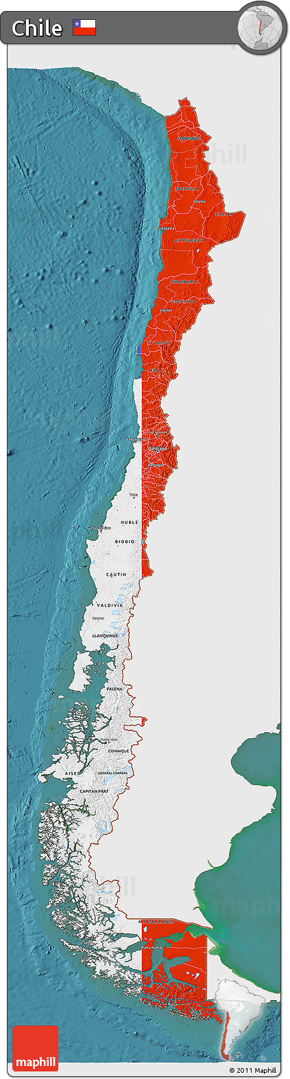 Flag 3D Map of Chile, single color outside, satellite sea, flag rotated