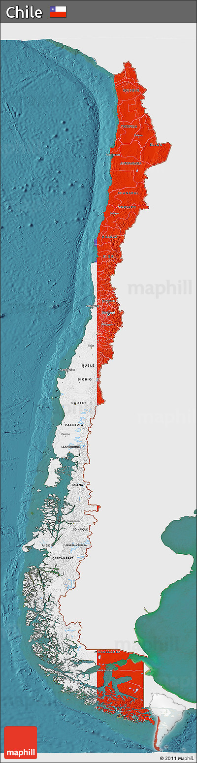 Flag 3D Map of Chile, single color outside, satellite sea, flag rotated