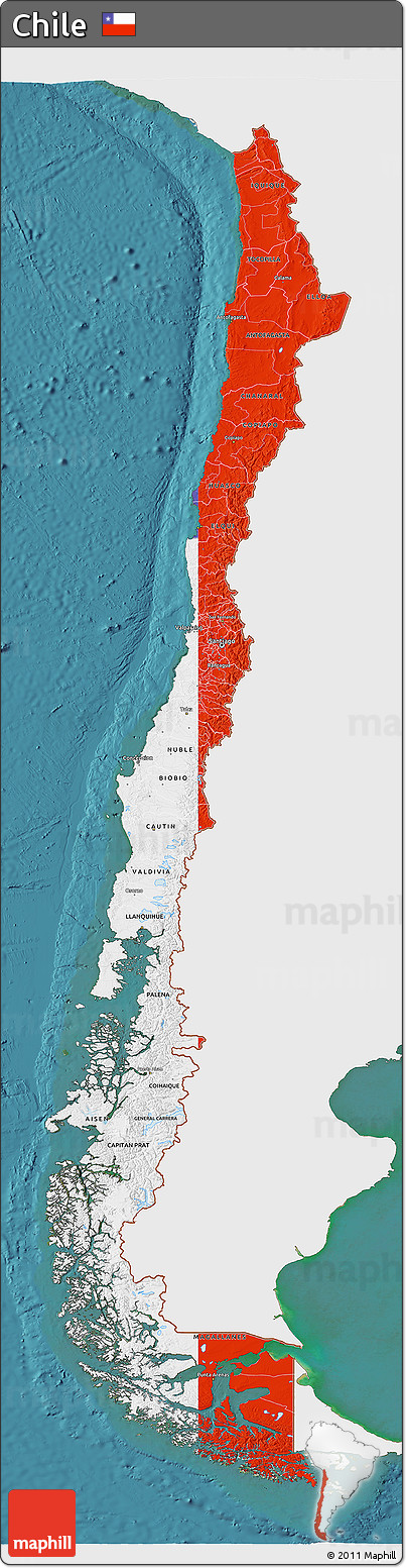 Flag 3D Map of Chile, single color outside, satellite sea, flag rotated