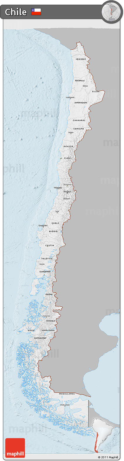 Gray 3D Map of Chile, single color outside