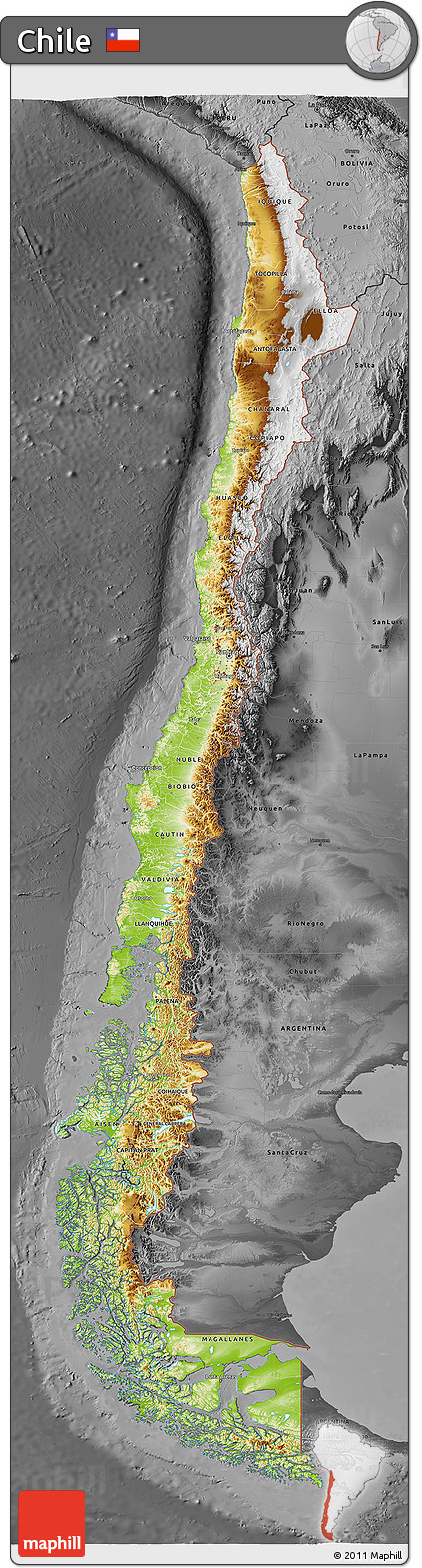 Physical 3D Map of Chile, darken, desaturated