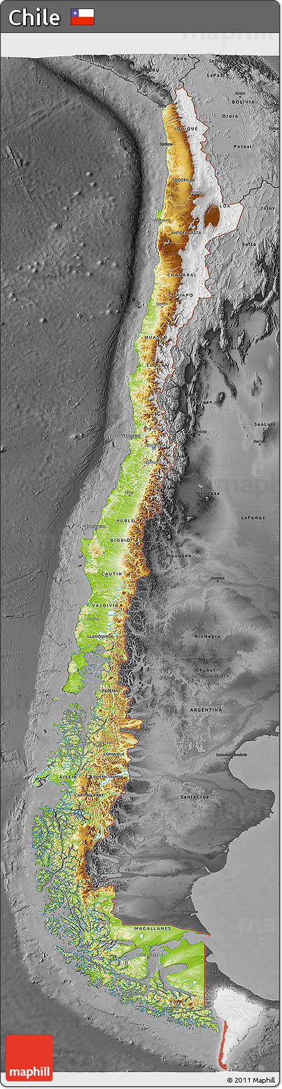 Physical 3D Map of Chile, darken, desaturated
