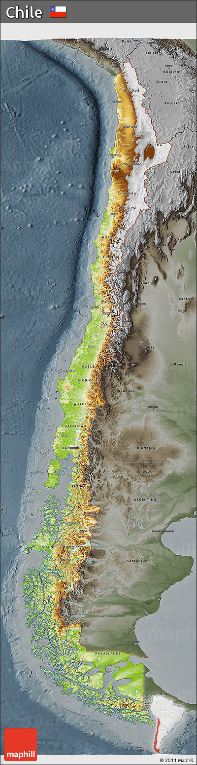 Physical 3D Map of Chile, darken, semi-desaturated