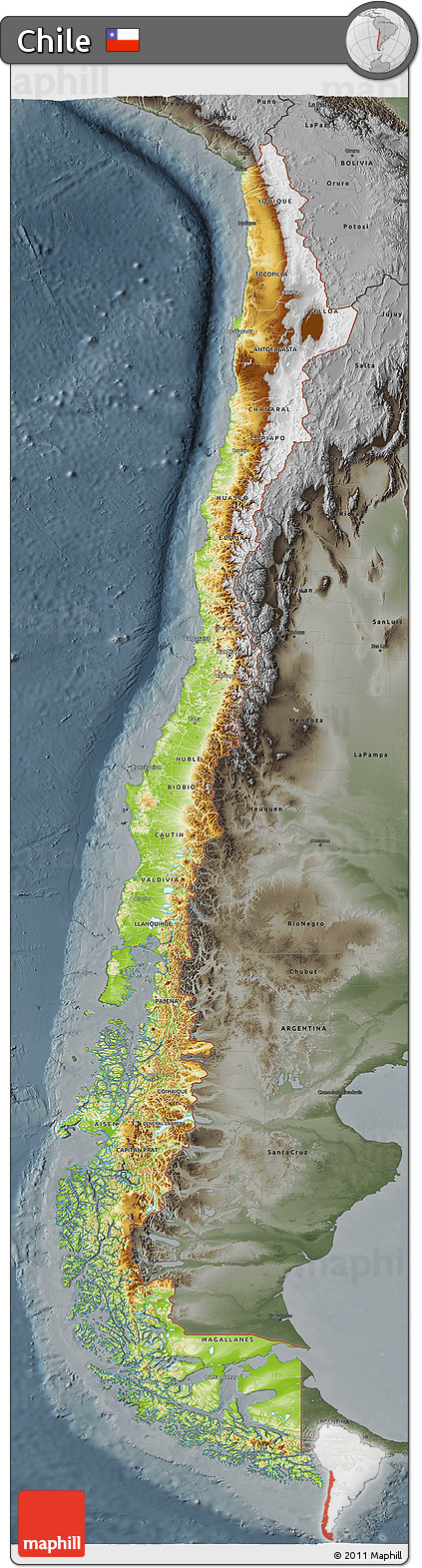 Physical 3D Map of Chile, darken, semi-desaturated