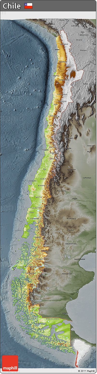 Physical 3D Map of Chile, darken, semi-desaturated