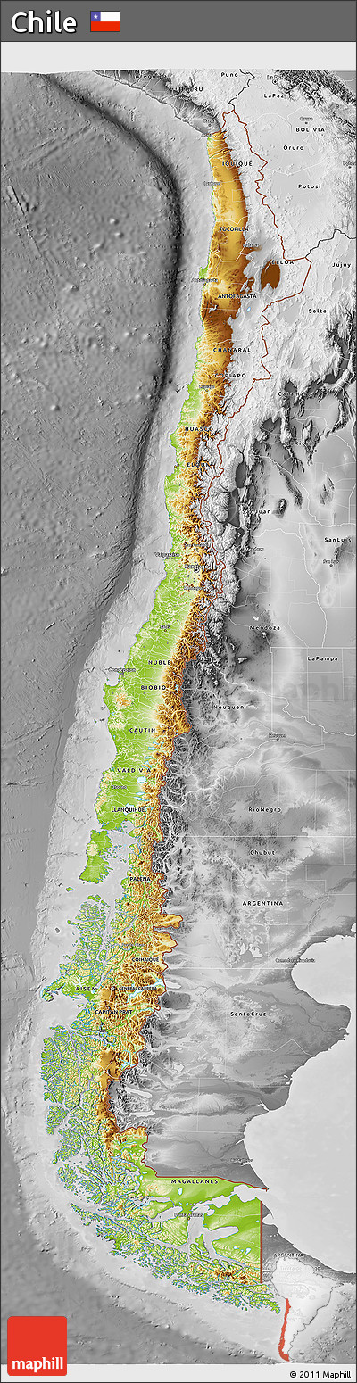 Physical 3D Map of Chile, desaturated