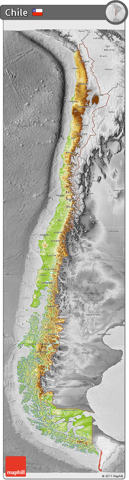 Physical 3D Map of Chile, desaturated
