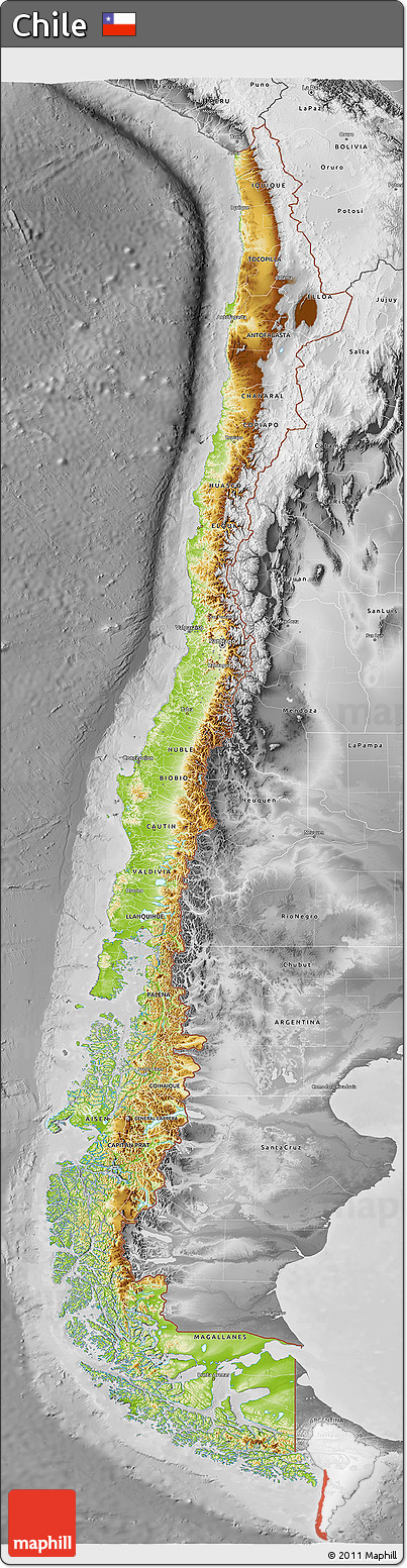 Physical 3D Map of Chile, desaturated