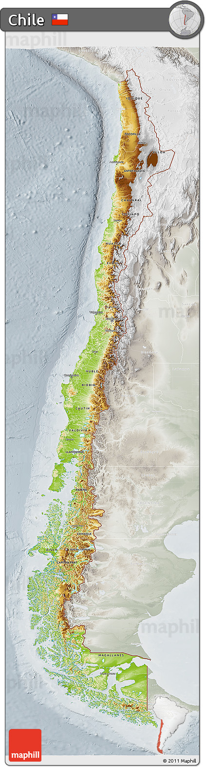 Physical 3D Map of Chile, lighten, semi-desaturated