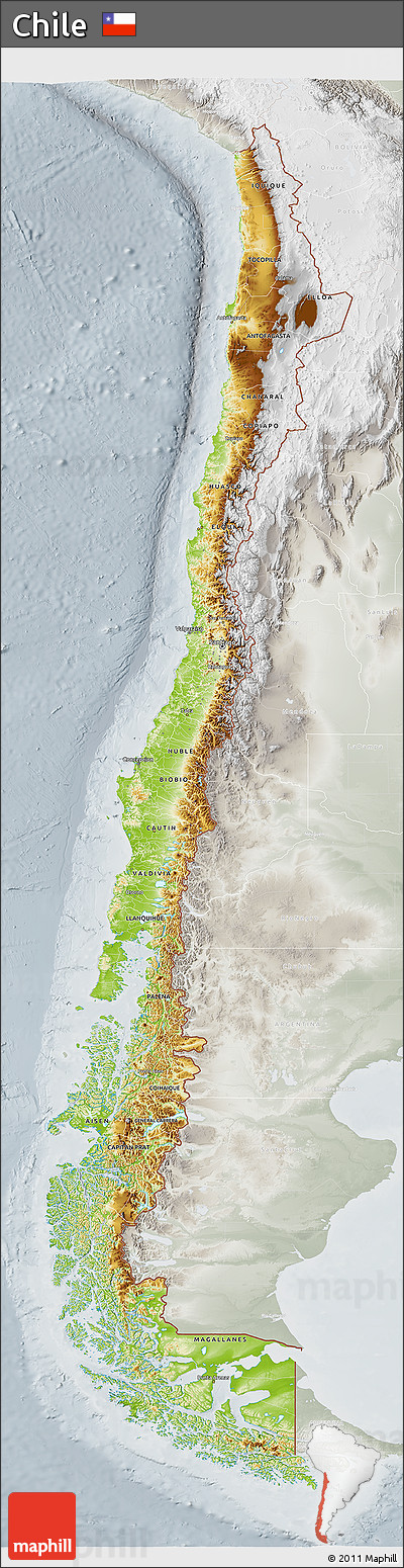 Physical 3D Map of Chile, lighten, semi-desaturated