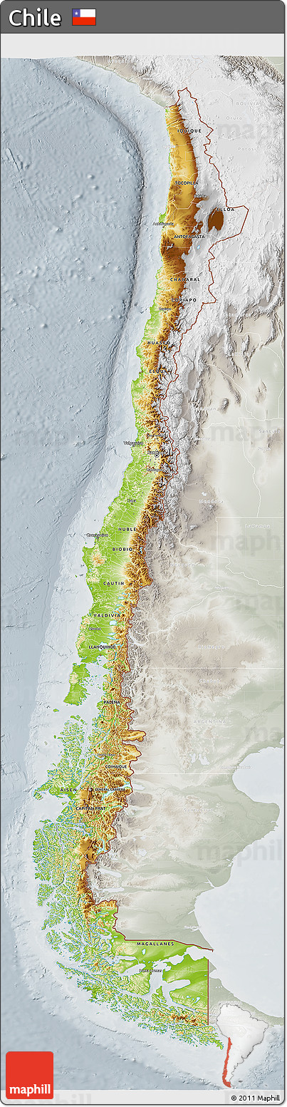 Physical 3D Map of Chile, lighten, semi-desaturated